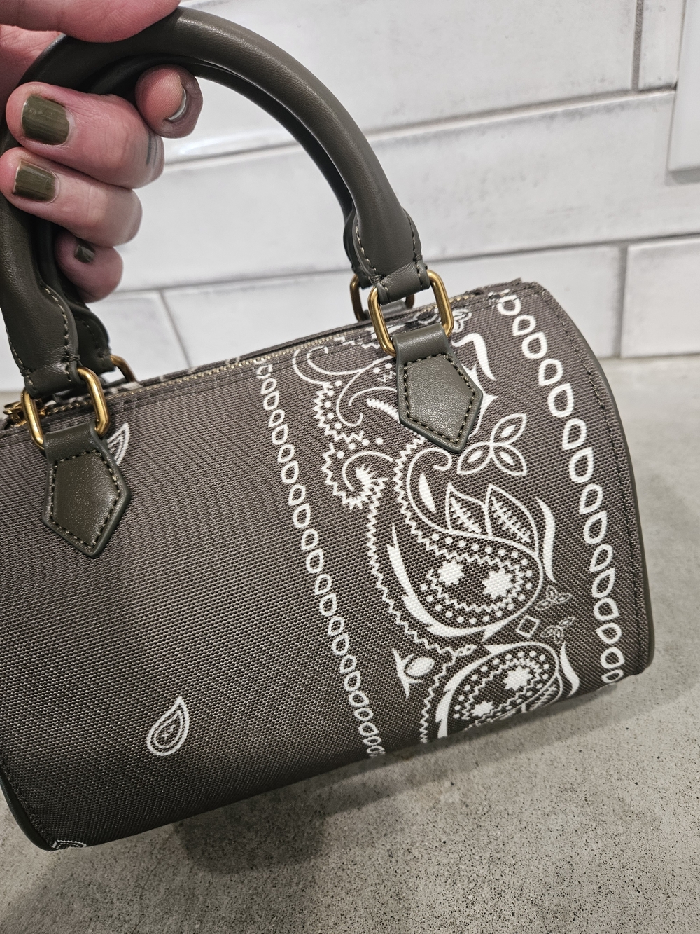 Structured Paisley Canvas Mini Crossbody Bag in Olive
